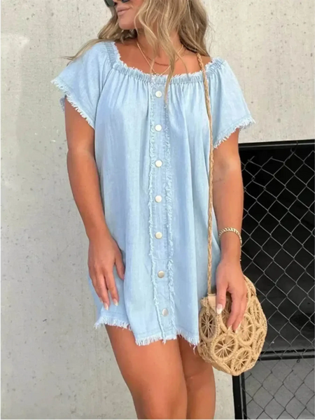 blue Babe Beachwear off shoulder denim dress for curvy women in light blue with button front and frayed edges