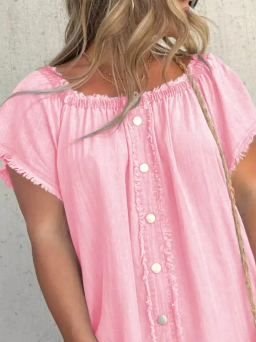 Pink Babe Beachwear mini off shoulder denim dress for curvy women with button front and frayed edges