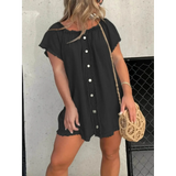 Babe Beachwear off shoulder denim dress for curvy women in black with button front mini style