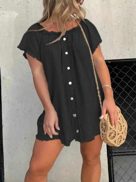Babe Beachwear off shoulder denim dress for curvy women in black with button front mini style