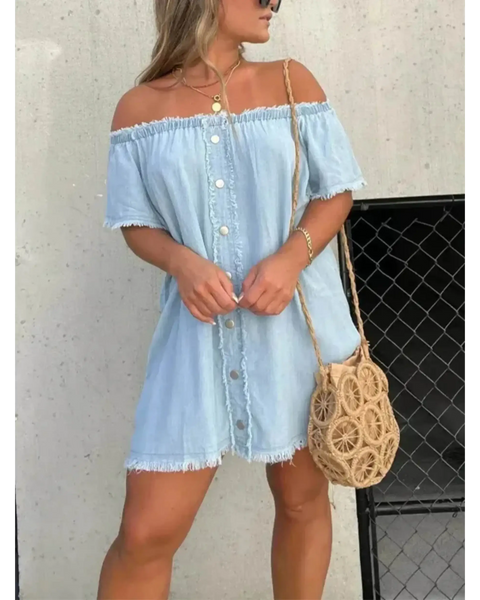 Off shoulder denim dress for curvy women by Babe Beachwear with front buttons and frayed edges