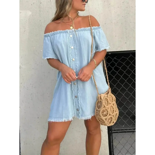 Off shoulder denim dress for curvy women by Babe Beachwear with front buttons and frayed edges