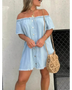Off shoulder denim dress for curvy women by Babe Beachwear with front buttons and frayed edges