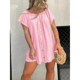 Off shoulder denim dress for curvy women in pink mini style with button front from Babe Beachwear