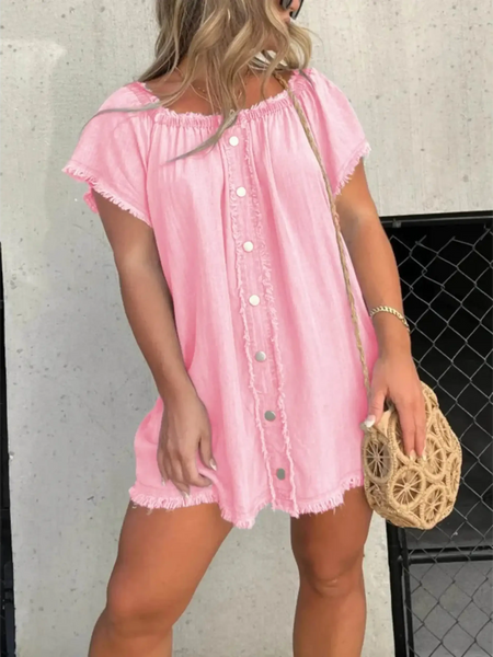 Off shoulder denim dress for curvy women in pink mini style with button front from Babe Beachwear