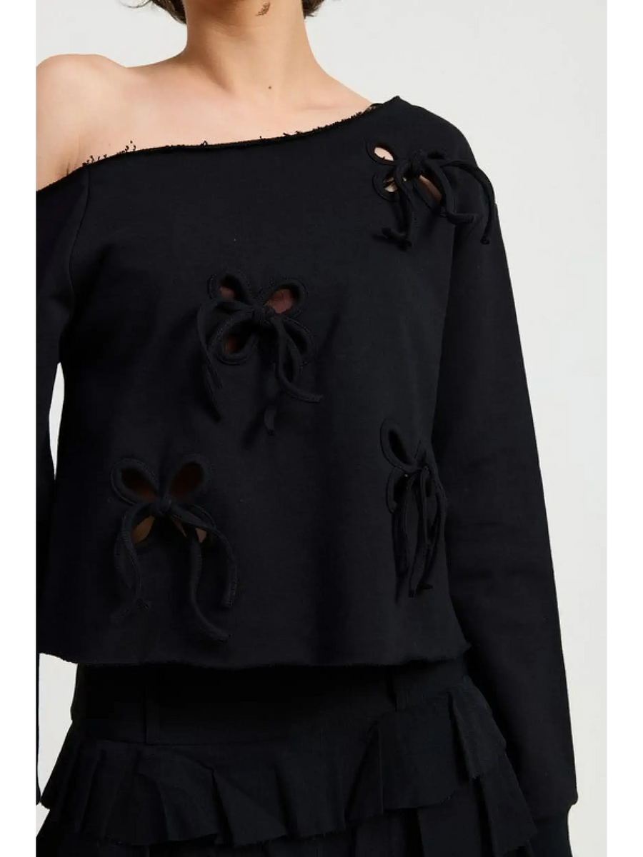 Emory Park black short sleeve Off Shoulder Distressed Top with bow details and raw edge neckline