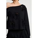 Emory Park black short sleeve Off Shoulder Distressed Top with bow details and raw edge neckline