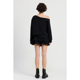 Emory Park off shoulder distressed top black short sleeve worn with black ruffle skirt and boots