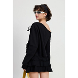 Emory Park Off Shoulder Distressed Top black short sleeve with ruffle hem worn by model