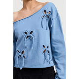 Emory Park Off Shoulder Distressed Top in blue with bow cutout details on a short sleeve