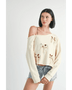Emory Park Off Shoulder Distressed Top in cream with floral cutouts worn with denim shorts