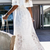 Babe Beachwear off shoulder eyelet maxi dress in white with lace detailing and short sleeves