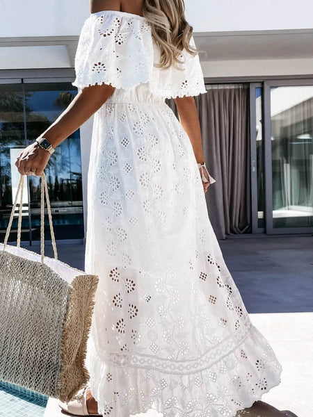 Babe Beachwear off shoulder eyelet maxi dress in white with lace detailing and short sleeves