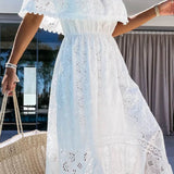 Babe Beachwear off shoulder eyelet maxi dress in white with scalloped edges and lightweight fabric