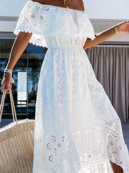 Babe Beachwear off shoulder eyelet maxi dress in white with scalloped edges and lightweight fabric