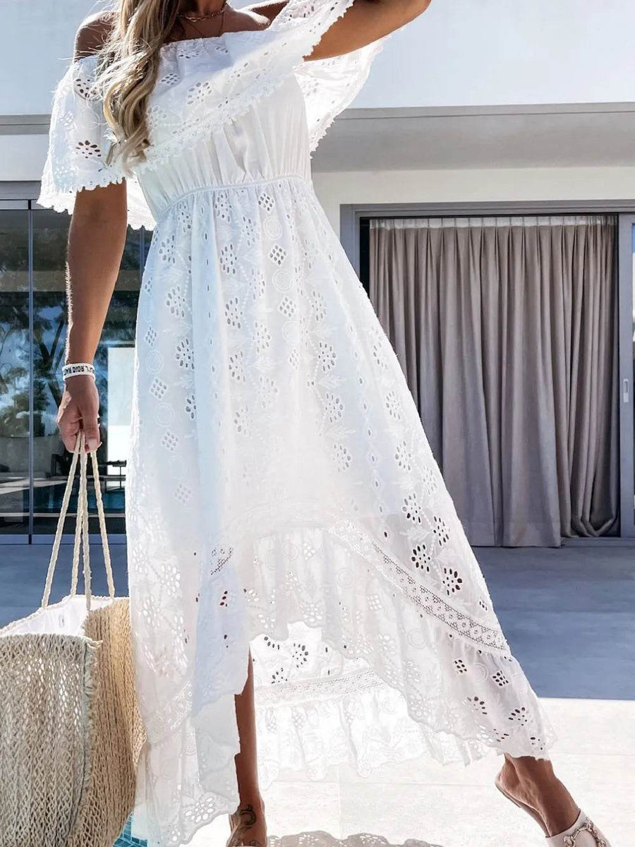 Babe Beachwear white off shoulder eyelet maxi dress with high-low hem and short sleeves