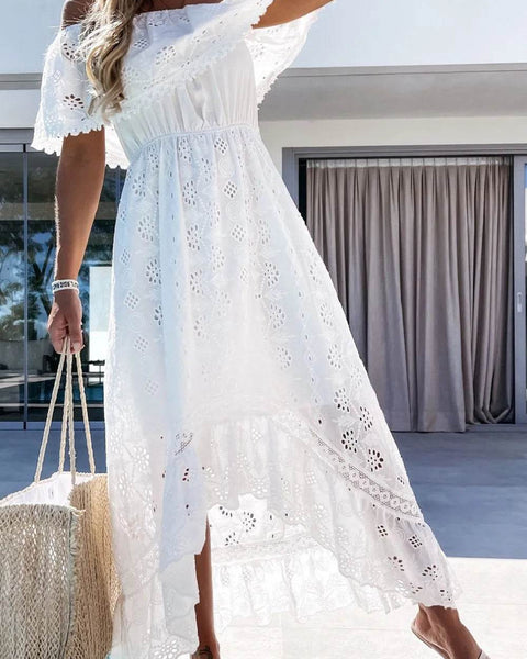Babe Beachwear white off shoulder eyelet maxi dress with high-low hem and short sleeves