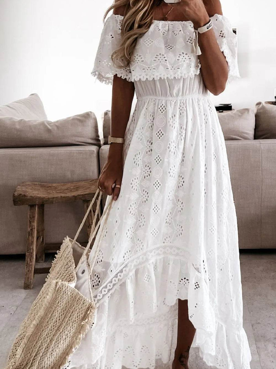 Babe Beachwaer off shoulder eyelet maxi dress in white with ruffled hem and short sleeves
