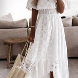 Babe Beachwaer off shoulder eyelet maxi dress in white with ruffled hem and short sleeves