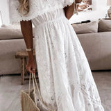 Babe Beachwear white off shoulder eyelet maxi dress with elastic waist and ruffle detailing