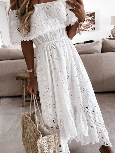 Babe Beachwear white off shoulder eyelet maxi dress with elastic waist and ruffle detailing