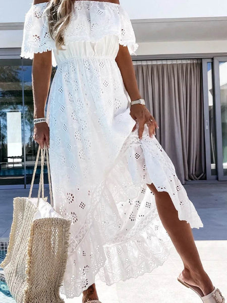 Babe Beachwear off shoulder eyelet maxi dress in white with floral cutout details and ruffled hem