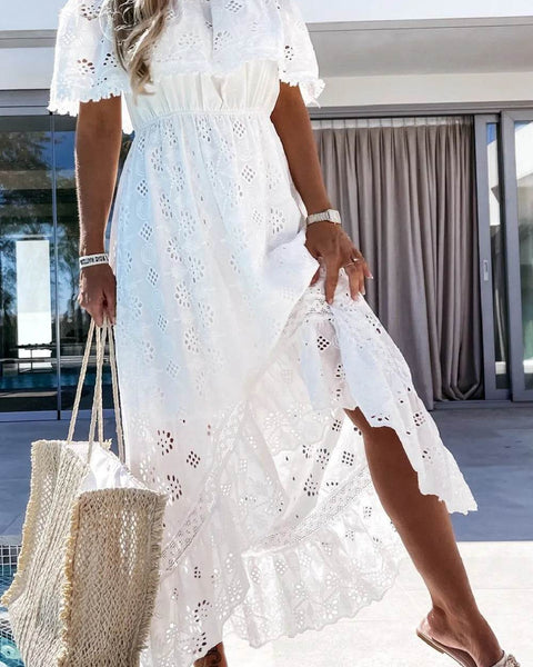 Babe Beachwear off shoulder eyelet maxi dress in white with floral cutout details and ruffled hem