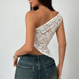 Babe Beachwaer one shoulder lace tank yop in white sheer floral lace short sleeve top