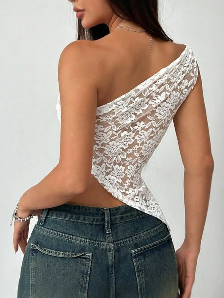 Babe Beachwaer one shoulder lace tank yop in white sheer floral lace short sleeve top