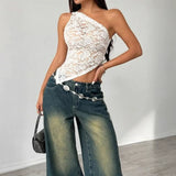 Babe Beachwaer one shoulder lace tank yop short sleeve white floral lace top paired with wide leg jeans