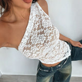 Babe Beachwaer white one shoulder lace tank yop short sleeve top with floral pattern