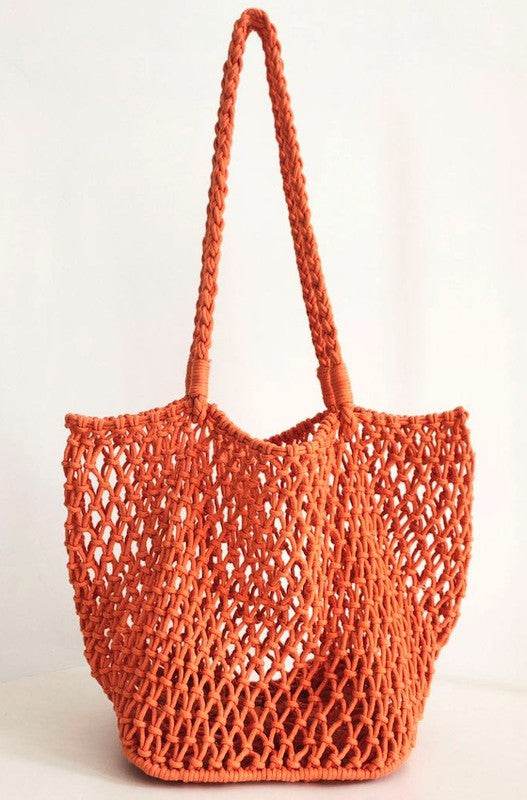 Miss Sparkling orange braided net beach tote with long braided handles for beach outings