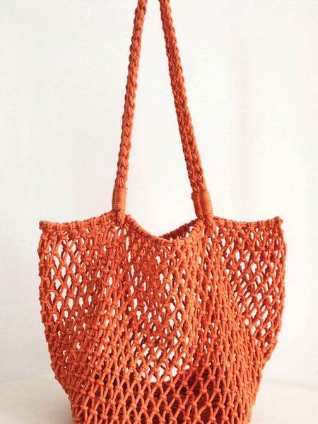 Miss Sparkling orange braided net beach tote with long braided handles for beach outings