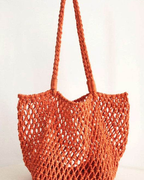 Miss Sparkling orange braided net beach tote with long braided handles for beach outings