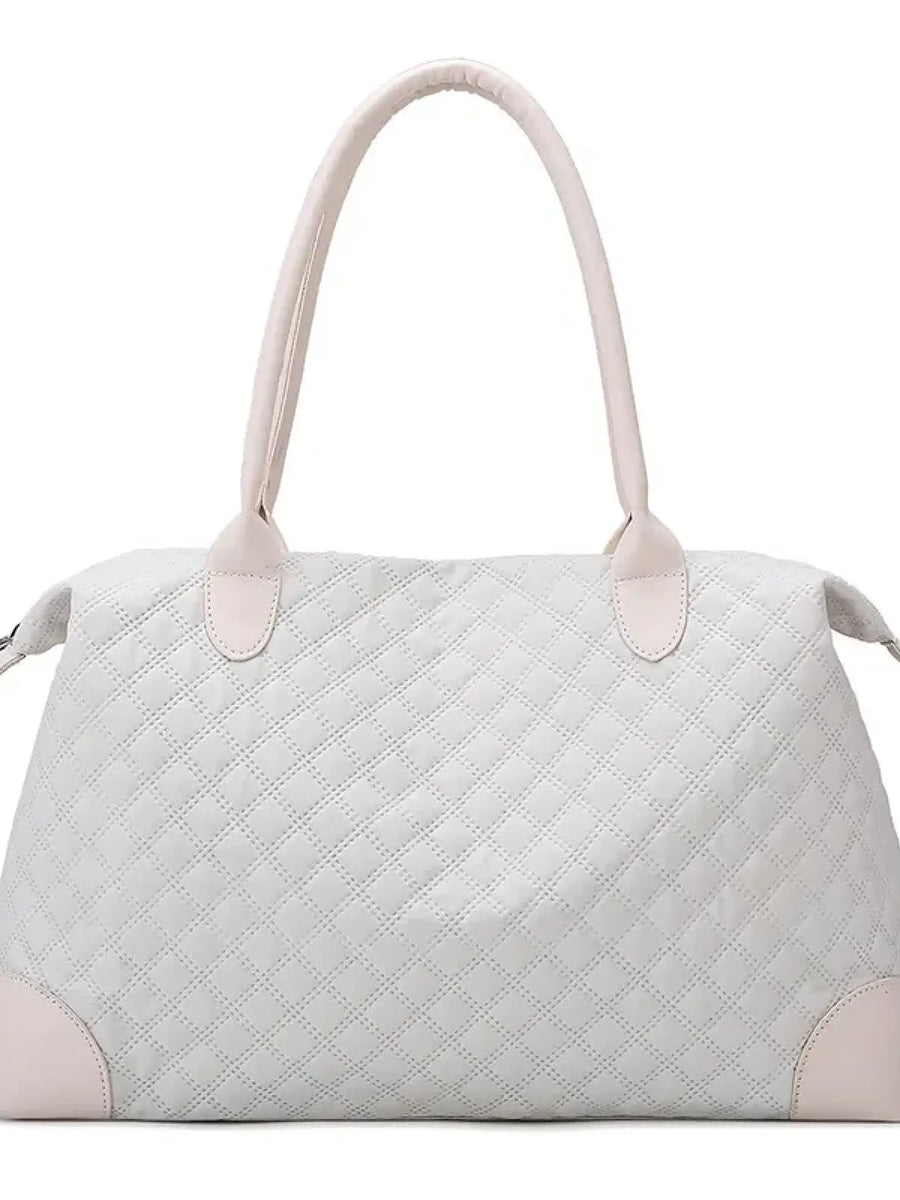 Babe Beachwaer oxford overnight bag with zipper in light gray quilted fabric and beige handles