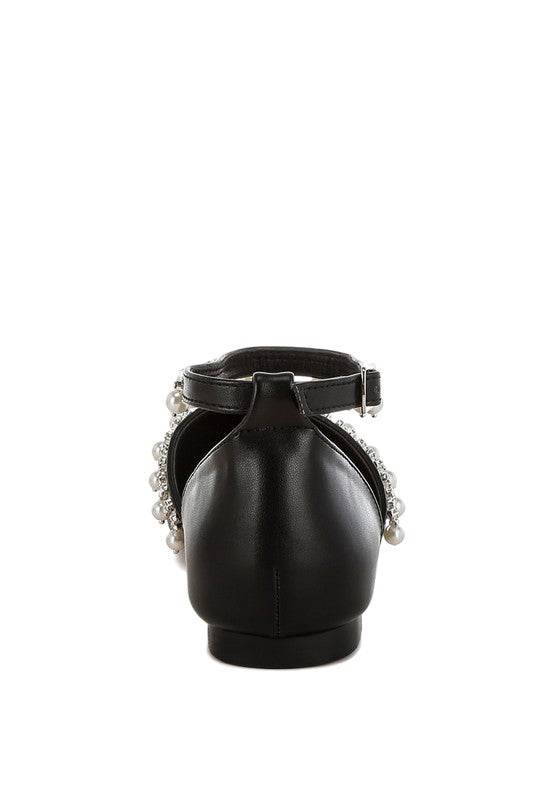 Black leather pearl embellished summer sandals by Rag Company showing back view with ankle strap