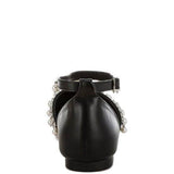 Black leather pearl embellished summer sandals by Rag Company showing back view with ankle strap