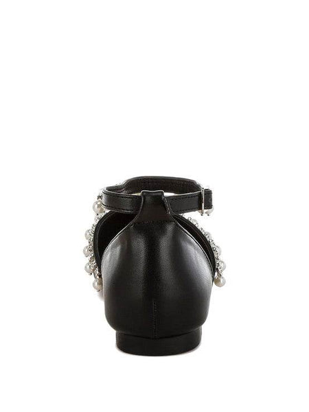 Black leather pearl embellished summer sandals by Rag Company showing back view with ankle strap