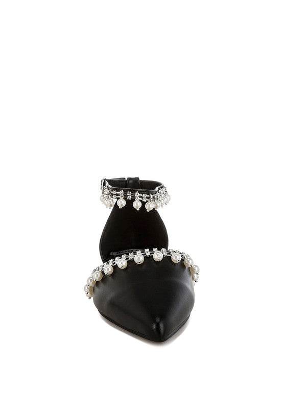 Rag Company black pearl embellished summer sandals with ankle strap and pointed toe design