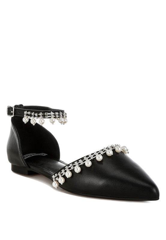 Rag Company black pearl embellished summer sandals with ankle strap and pointed toe design black front side