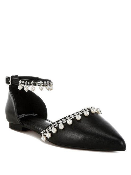 Rag Company black pearl embellished summer sandals with ankle strap and pointed toe design black front side