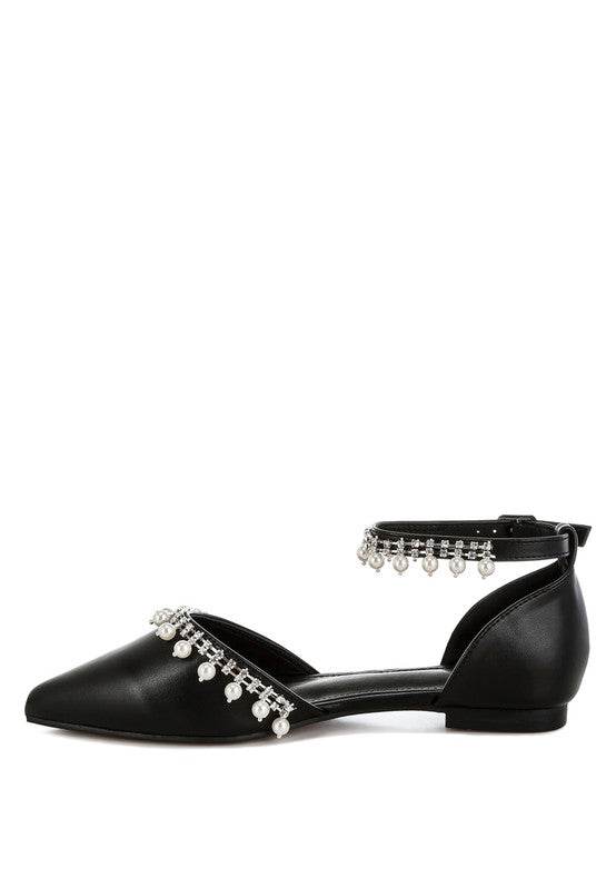 Rag Company black flat sandals with ankle strap and pearl embellished summer sandals design