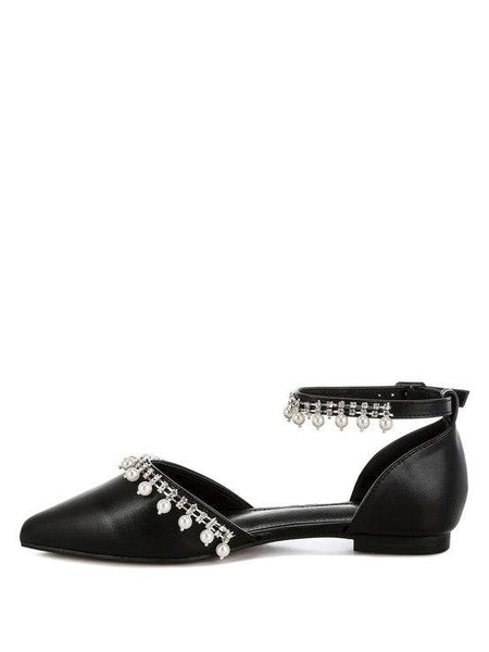 Rag Company black flat sandals with ankle strap and pearl embellished summer sandals design