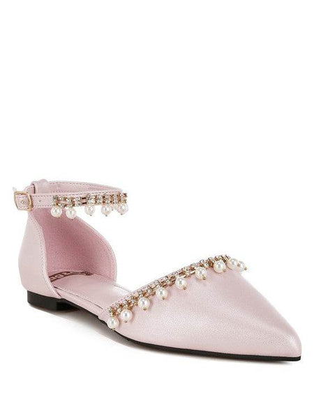 Rag Company pearl embellished summer sandals in light pink with ankle strap and pointed toe