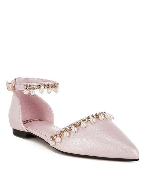 Rag Company pearl embellished summer sandals in light pink with ankle strap and pointed toe