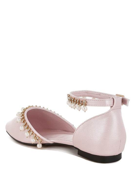 Rag Company pearl embellished summer sandals in light pink with ankle strap and decorative pearls back side 