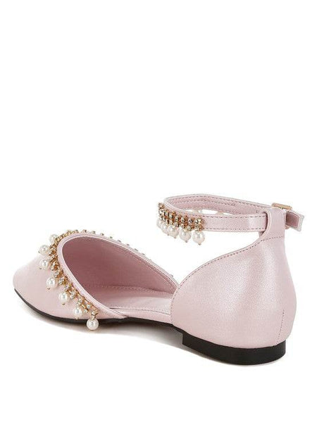 Rag Company pearl embellished summer sandals in light pink with ankle strap and decorative pearls back side 