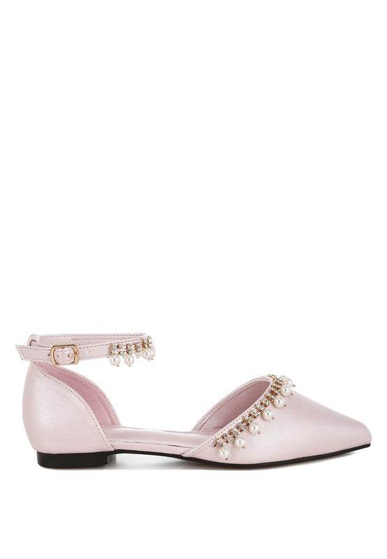 Rag Company pearl embellished summer sandals in light pink with ankle strap and decorative pearls