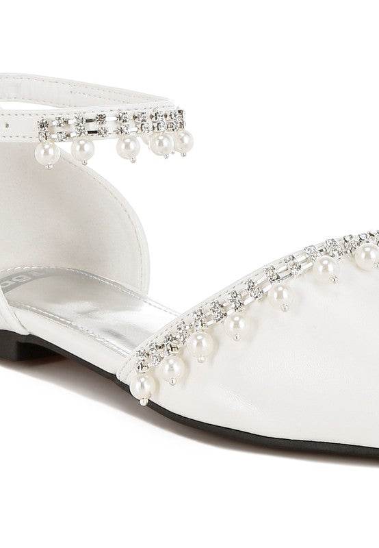 Rag Company pearl embellished summer sandals in white with rhinestones and dangling pearl accents