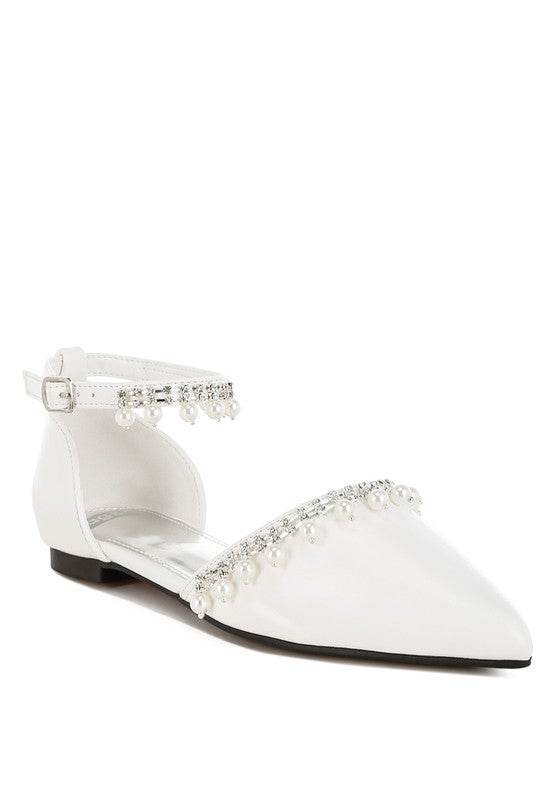 Rag Company white pearl embellished summer sandals with ankle strap and pointed toe